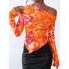 imagePRETTYGARDEN Womens Fall Trendy Off Shoulder Y2k Tops 2026 Tie Dye Mesh Long Sleeve Shirts Asymmetrical Ruched Floral BlouseFloral Orange