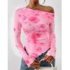 imagePRETTYGARDEN Womens Fall Trendy Off Shoulder Y2k Tops 2026 Tie Dye Mesh Long Sleeve Shirts Asymmetrical Ruched Floral BlouseFloral Pink Red
