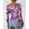 imagePRETTYGARDEN Womens Fall Trendy Off Shoulder Y2k Tops 2026 Tie Dye Mesh Long Sleeve Shirts Asymmetrical Ruched Floral BlouseFloral Purple