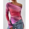 imagePRETTYGARDEN Womens Fall Trendy Off Shoulder Y2k Tops 2026 Tie Dye Mesh Long Sleeve Shirts Asymmetrical Ruched Floral BlouseMulticolour Print