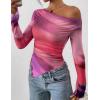 imagePRETTYGARDEN Womens Fall Trendy Off Shoulder Y2k Tops 2026 Tie Dye Mesh Long Sleeve Shirts Asymmetrical Ruched Floral BlouseMulticolour Print