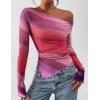 imagePRETTYGARDEN Womens Fall Trendy Off Shoulder Y2k Tops 2026 Tie Dye Mesh Long Sleeve Shirts Asymmetrical Ruched Floral BlouseMulticolour Print