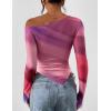 imagePRETTYGARDEN Womens Fall Trendy Off Shoulder Y2k Tops 2026 Tie Dye Mesh Long Sleeve Shirts Asymmetrical Ruched Floral BlouseMulticolour Print