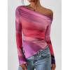 imagePRETTYGARDEN Womens Fall Trendy Off Shoulder Y2k Tops 2026 Tie Dye Mesh Long Sleeve Shirts Asymmetrical Ruched Floral BlouseMulticolour Print