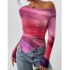 imagePRETTYGARDEN Womens Fall Trendy Off Shoulder Y2k Tops 2026 Tie Dye Mesh Long Sleeve Shirts Asymmetrical Ruched Floral BlouseMulticolour Print