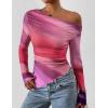 imagePRETTYGARDEN Womens Fall Trendy Off Shoulder Y2k Tops 2026 Tie Dye Mesh Long Sleeve Shirts Asymmetrical Ruched Floral BlouseMulticolour Print