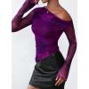 imagePRETTYGARDEN Womens Fall Trendy Off Shoulder Y2k Tops 2026 Tie Dye Mesh Long Sleeve Shirts Asymmetrical Ruched Floral BlousePrint Purple