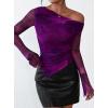 imagePRETTYGARDEN Womens Fall Trendy Off Shoulder Y2k Tops 2026 Tie Dye Mesh Long Sleeve Shirts Asymmetrical Ruched Floral BlousePrint Purple