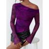 imagePRETTYGARDEN Womens Fall Trendy Off Shoulder Y2k Tops 2026 Tie Dye Mesh Long Sleeve Shirts Asymmetrical Ruched Floral BlousePrint Purple