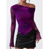 imagePRETTYGARDEN Womens Fall Trendy Off Shoulder Y2k Tops 2026 Tie Dye Mesh Long Sleeve Shirts Asymmetrical Ruched Floral BlousePrint Purple