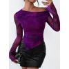 imagePRETTYGARDEN Womens Fall Trendy Off Shoulder Y2k Tops 2026 Tie Dye Mesh Long Sleeve Shirts Asymmetrical Ruched Floral BlousePrint Purple