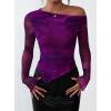imagePRETTYGARDEN Womens Fall Trendy Off Shoulder Y2k Tops 2026 Tie Dye Mesh Long Sleeve Shirts Asymmetrical Ruched Floral BlousePrint Purple