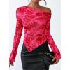 imagePRETTYGARDEN Womens Fall Trendy Off Shoulder Y2k Tops 2026 Tie Dye Mesh Long Sleeve Shirts Asymmetrical Ruched Floral BlouseRose Tan