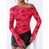 imagePRETTYGARDEN Womens Fall Trendy Off Shoulder Y2k Tops 2026 Tie Dye Mesh Long Sleeve Shirts Asymmetrical Ruched Floral BlouseRose Tan