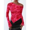 imagePRETTYGARDEN Womens Fall Trendy Off Shoulder Y2k Tops 2026 Tie Dye Mesh Long Sleeve Shirts Asymmetrical Ruched Floral BlouseRose Tan