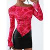 imagePRETTYGARDEN Womens Fall Trendy Off Shoulder Y2k Tops 2026 Tie Dye Mesh Long Sleeve Shirts Asymmetrical Ruched Floral BlouseRose Tan
