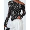 imagePRETTYGARDEN Womens Fall Trendy Off Shoulder Y2k Tops 2026 Tie Dye Mesh Long Sleeve Shirts Asymmetrical Ruched Floral BlouseSmall Dot Black