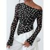imagePRETTYGARDEN Womens Fall Trendy Off Shoulder Y2k Tops 2026 Tie Dye Mesh Long Sleeve Shirts Asymmetrical Ruched Floral BlouseSmall Dot Black