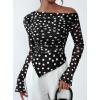 imagePRETTYGARDEN Womens Fall Trendy Off Shoulder Y2k Tops 2026 Tie Dye Mesh Long Sleeve Shirts Asymmetrical Ruched Floral BlouseSmall Dot Black