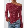 imagePRETTYGARDEN Womens Fall Trendy Off Shoulder Y2k Tops 2026 Tie Dye Mesh Long Sleeve Shirts Asymmetrical Ruched Floral BlouseSmall Dot Red White