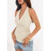 imagePRETTYGARDEN Womens Halter Top 2026 Spring Tie Wrap Sleeveless Ruched V Neck Fitted Summer Tops Backless Fashion Y2k ClothesBeige
