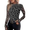 imagePRETTYGARDEN Womens Long Sleeve Going Out Tops 2026 Spring Y2K Clothes Mesh Floral Fitted Shirts Date Night Outfit01 Dot Black White