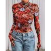 imagePRETTYGARDEN Womens Long Sleeve Going Out Tops 2026 Spring Y2K Clothes Mesh Floral Fitted Shirts Date Night OutfitFloral Black Red