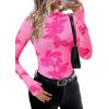 imagePRETTYGARDEN Womens Long Sleeve Going Out Tops 2026 Spring Y2K Clothes Mesh Floral Fitted Shirts Date Night OutfitFloral Pink Rose Red