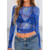 imagePRETTYGARDEN Womens Mesh Long Sleeve Spring Top 2026 Trendy Summer See Through Sheer Blouse Fitted Going Out Layering ShirtsFloral Brilliant Blue