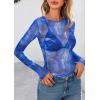 imagePRETTYGARDEN Womens Mesh Long Sleeve Spring Top 2026 Trendy Summer See Through Sheer Blouse Fitted Going Out Layering ShirtsFloral Brilliant Blue