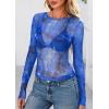 imagePRETTYGARDEN Womens Mesh Long Sleeve Spring Top 2026 Trendy Summer See Through Sheer Blouse Fitted Going Out Layering ShirtsFloral Brilliant Blue