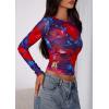 imagePRETTYGARDEN Womens Mesh Long Sleeve Spring Top 2026 Trendy Summer See Through Sheer Blouse Fitted Going Out Layering ShirtsFloral Navy Red