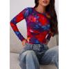 imagePRETTYGARDEN Womens Mesh Long Sleeve Spring Top 2026 Trendy Summer See Through Sheer Blouse Fitted Going Out Layering ShirtsFloral Navy Red