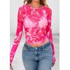imagePRETTYGARDEN Womens Mesh Long Sleeve Spring Top 2026 Trendy Summer See Through Sheer Blouse Fitted Going Out Layering ShirtsFloral Rose Red
