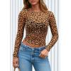 imagePRETTYGARDEN Womens Mesh Long Sleeve Spring Top 2026 Trendy Summer See Through Sheer Blouse Fitted Going Out Layering ShirtsLeopard Brown