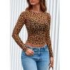 imagePRETTYGARDEN Womens Mesh Long Sleeve Spring Top 2026 Trendy Summer See Through Sheer Blouse Fitted Going Out Layering ShirtsLeopard Brown