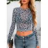imagePRETTYGARDEN Womens Mesh Long Sleeve Spring Top 2026 Trendy Summer See Through Sheer Blouse Fitted Going Out Layering ShirtsLeopard Light Blue