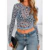 imagePRETTYGARDEN Womens Mesh Long Sleeve Spring Top 2026 Trendy Summer See Through Sheer Blouse Fitted Going Out Layering ShirtsLeopard Light Blue