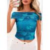 imagePRETTYGARDEN Womens Off The Shoulder Short Sleeve Ruched Slim Fit BlouseFloral Lake Blue
