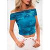 imagePRETTYGARDEN Womens Off The Shoulder Short Sleeve Ruched Slim Fit BlouseFloral Lake Blue