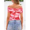 imagePRETTYGARDEN Womens Off The Shoulder Short Sleeve Ruched Slim Fit BlouseFloral Light Orange