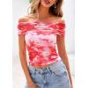 imagePRETTYGARDEN Womens Off The Shoulder Short Sleeve Ruched Slim Fit BlouseFloral Light Orange