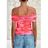 imagePRETTYGARDEN Womens Off The Shoulder Short Sleeve Ruched Slim Fit BlouseFloral Pink