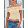 imagePRETTYGARDEN Womens Off The Shoulder Short Sleeve Ruched Slim Fit BlouseLight Apricot