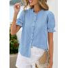 imagePRETTYGARDEN Womens Puff Short Sleeve Tops 2026 Summer Spring Button Down Boho Embroidered Cute Blouse Dressy Casual ShirtsLight Blue
