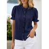 imagePRETTYGARDEN Womens Puff Short Sleeve Tops 2026 Summer Spring Button Down Boho Embroidered Cute Blouse Dressy Casual ShirtsNavy