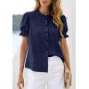 imagePRETTYGARDEN Womens Puff Short Sleeve Tops 2026 Summer Spring Button Down Boho Embroidered Cute Blouse Dressy Casual ShirtsNavy