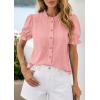 imagePRETTYGARDEN Womens Puff Short Sleeve Tops 2026 Summer Spring Button Down Boho Embroidered Cute Blouse Dressy Casual ShirtsPink