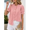 imagePRETTYGARDEN Womens Puff Short Sleeve Tops 2026 Summer Spring Button Down Boho Embroidered Cute Blouse Dressy Casual ShirtsPink