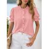imagePRETTYGARDEN Womens Puff Short Sleeve Tops 2026 Summer Spring Button Down Boho Embroidered Cute Blouse Dressy Casual ShirtsPink